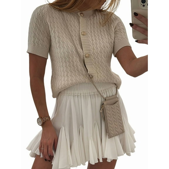 Womens Summer Short Sleeve Cardigan Cable Knit Cropped Button Down Crewneck Light-Weight Sweater Tops