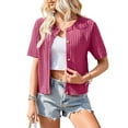 thumbnail image 1 of Womens Summer Short Sleeve Cardigan Cable Knit Cropped Button Down Crewneck Sweater Tops Claret S, 1 of 8