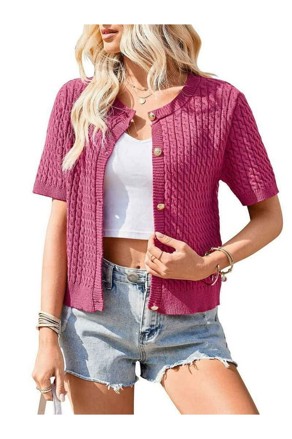 Women's Summer Cardigan Short Sleeve Cropped Cable Knit Open Front Wine Red S