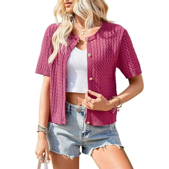 Womens Summer Short Sleeve Cardigan Cable Knit Cropped Button Down Crewneck Sweater Tops Claret XL