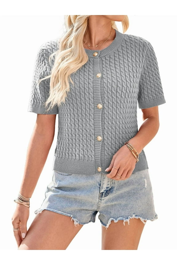Womens Summer Short Sleeve Cardigan Cable Knit Cropped Button Down Crewneck Sweater Tops Light Gray XL