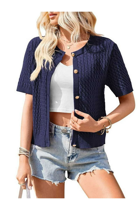 Womens Summer Short Sleeve Cable Knit Cropped Button Down Crewneck Sweater Tops Navy Blue L