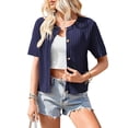 thumbnail image 1 of Womens Summer Short Sleeve Cardigan Cable Knit Cropped Button Down Crewneck Sweater Tops Navy Blue S, 1 of 8