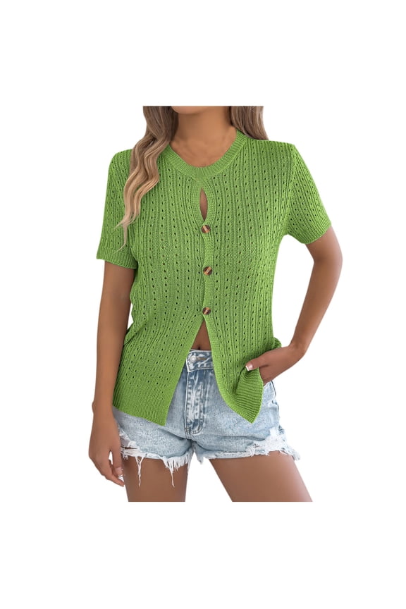 Womens Summer Short Sleeve Cardigans Cable Knit Boho Cropped Button Down Crewneck Lightweight Sweater Tops