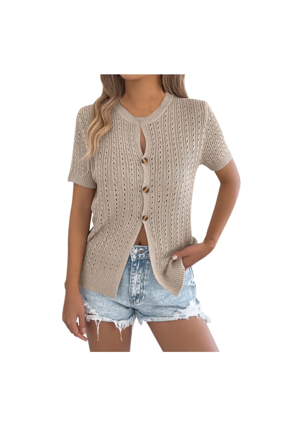 Womens Summer Short Sleeve Cardigans Cable Knit Boho Cropped Button Down Crewneck Lightweight Sweater Tops