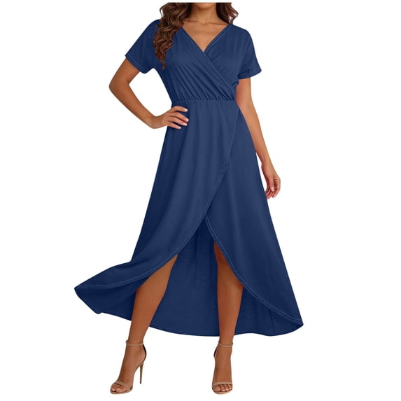 Womens Summer Short Sleeve Casual Dresses V-Neck Beach Dress Maxi Dress With High Slit Navy L