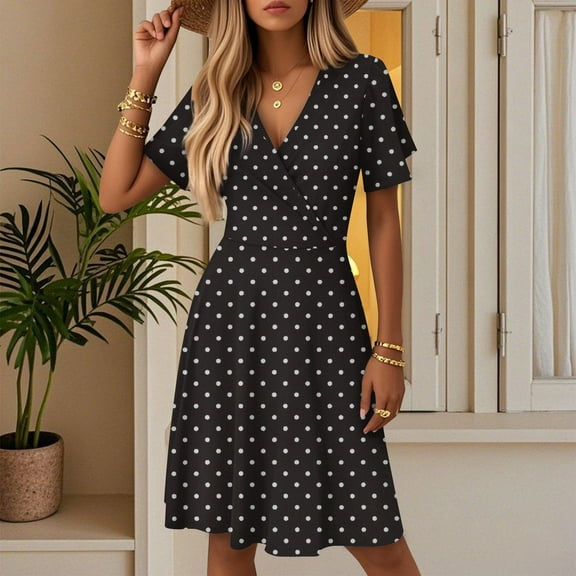 Womens Summer Short Sleeve Casual Dresses V-Neck Midi Dress with Pockets Black M