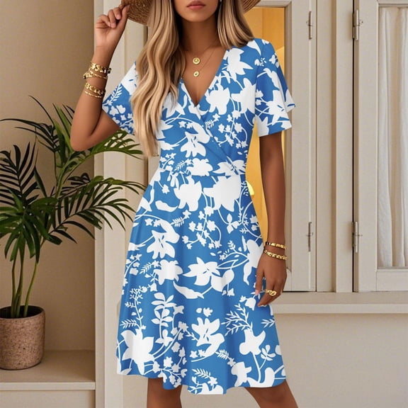 Womens Summer Short Sleeve Casual Dresses V-Neck Midi Dress with Pockets Blue S