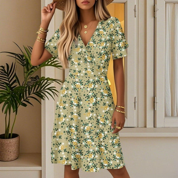 Womens Summer Short Sleeve Casual Dresses V-Neck Midi Dress with Pockets Green L