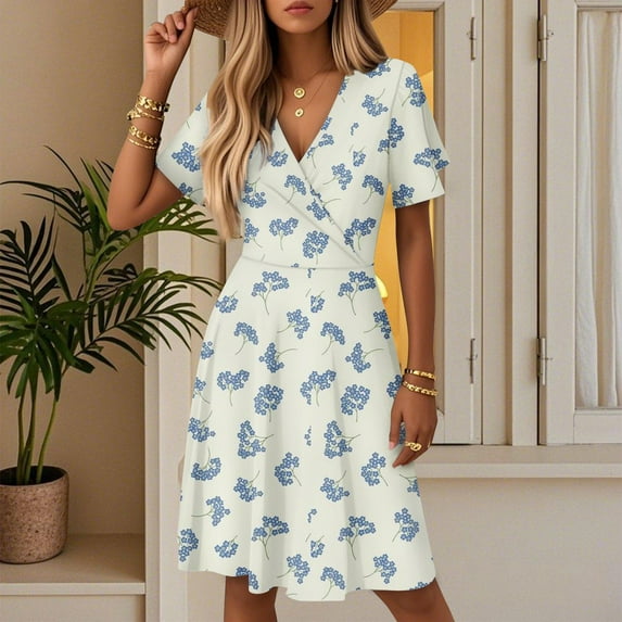 Womens Summer Short Sleeve Casual Dresses V-Neck Midi Dress with Pockets Light Green L
