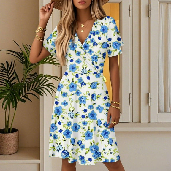 Womens Summer Short Sleeve Casual Dresses V-Neck Midi Dress with Pockets Royal Blue S