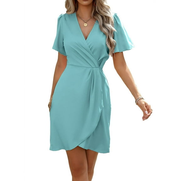 Womens Summer Short Sleeve Casual Dresses V Neck Vacation Sundress Faux Wrap Midi Dress Cyan S