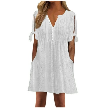 Womens Summer Short Sleeve Dress Eyelet Button V Neck Tee Shirts Casual Summer Bodycon Mini Sun Dresses