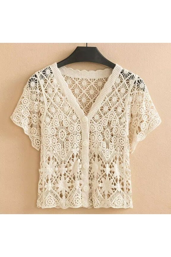 Womens Summer Short Sleeve Lightweight Cardigan V Neck Hollow Out Sweater Shirt Trendy Button Down Knit Tops Beige XL
