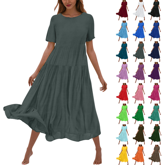 Womens Summer Short Sleeve Long Dress with Pockets Casual Aline Flowy Tshirt Dress Floral Vocation Beach Sundress