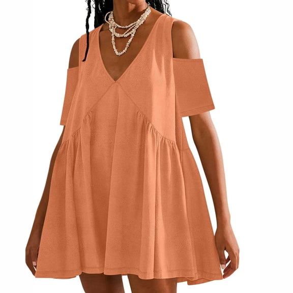 Womens Summer Short Sleeve Mini Dress Casual Loose Solid Off Shoulder V-Neck Pullover Sundress Flowy Beach Dress With Pocket Pleated Dresses