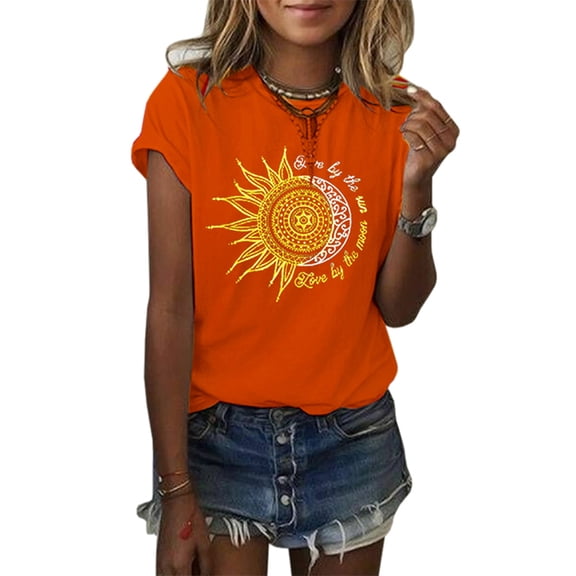 Womens Summer Short Sleeve Moon and Sun Printed T Shirts