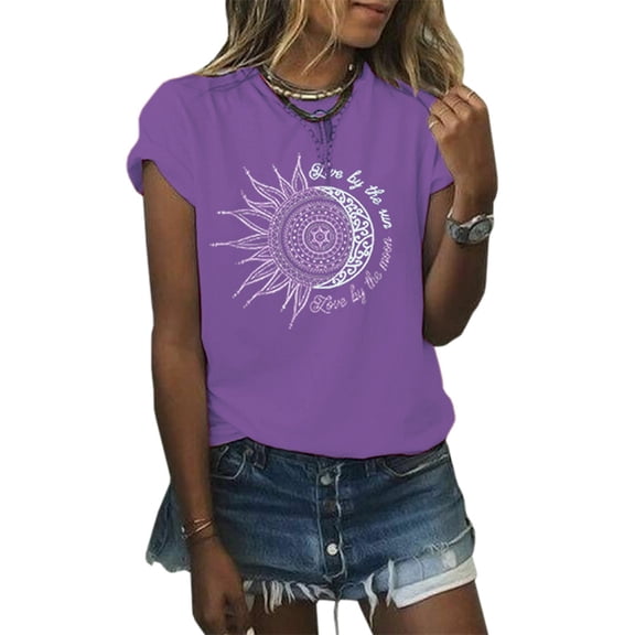 Womens Summer Short Sleeve Moon and Sun Printed T Shirts