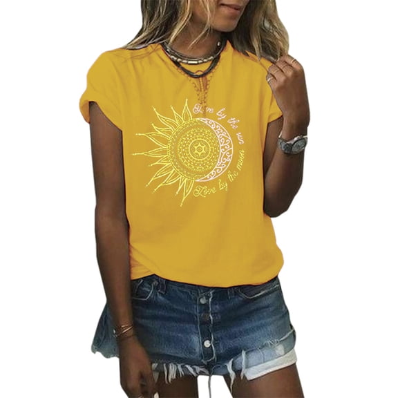 Womens Summer Short Sleeve Moon and Sun Printed T Shirts