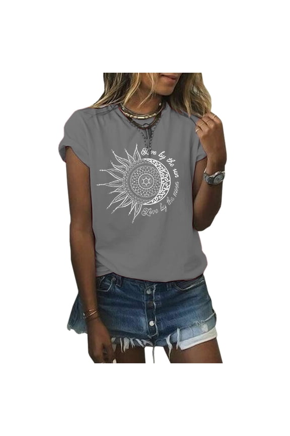 Womens Summer Short Sleeve Moon and Sun Printed T Shirts
