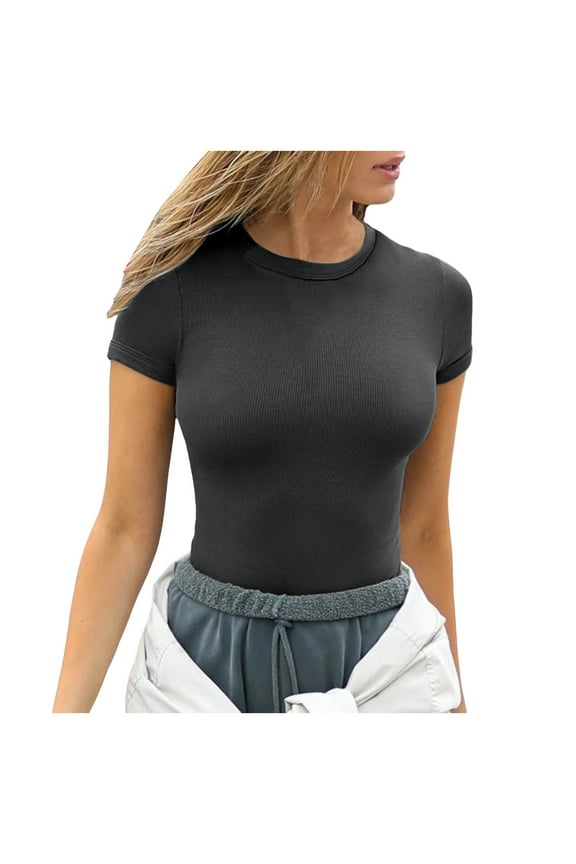 Womens Summer Short Sleeve Ribbed Tee Slim Fitted Casual Basic Top Comfortable Stretch Soft Fabric O Neck Shirt