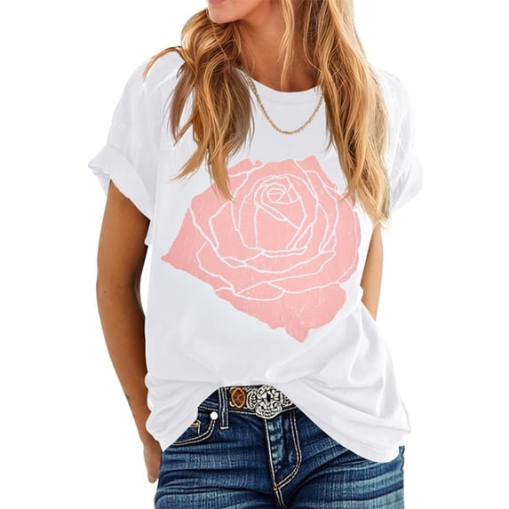 Womens Summer Short Sleeve Rose Graphic T Shirt Loose Fit Crew Neck Tops