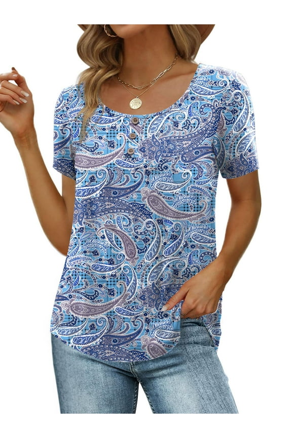 Womens Summer Short Sleeve Shirts Button Up Tunic Tops Casual Blouse Spring T-Shirts