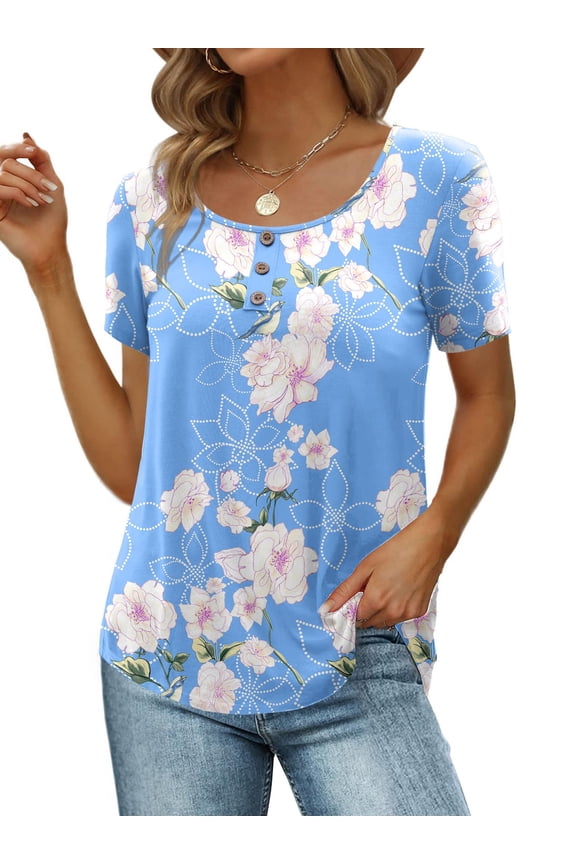 Womens Summer Short Sleeve Shirts Button Up Tunic Tops Casual Blouse Spring T-Shirts