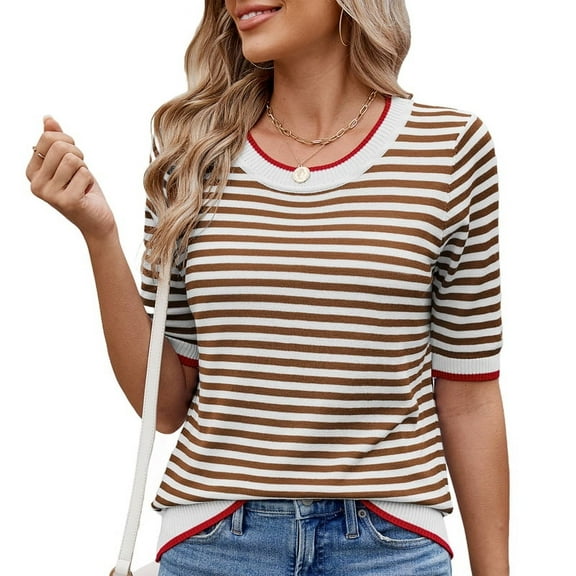Womens Summer Short Sleeve Shirts Striped Sweater Cute Casual Top Trendy Women Clothing Crewneck Knit Blouses Coffee Color M