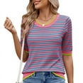thumbnail image 1 of Womens Summer Short Sleeve Shirts Striped Sweater Cute Casual Trendy Crewneck Knit Blouses Blue & Green M, 1 of 7