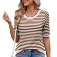 thumbnail image 1 of Womens Summer Short Sleeve Shirts Striped Sweater Cute Casual Trendy Crewneck Knit Blouses Coffee Color S, 1 of 9
