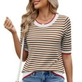 thumbnail image 1 of Womens Summer Short Sleeve Shirts Striped Sweater Cute Casual Trendy Crewneck Knit Blouses Coffee Color XL, 1 of 7