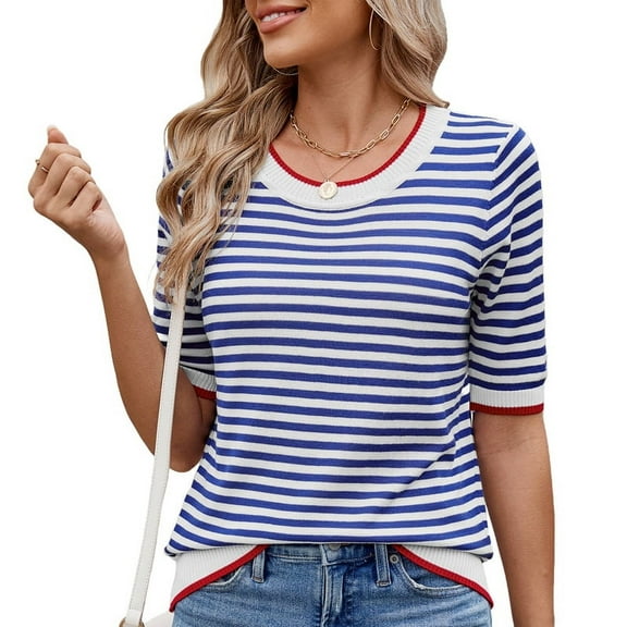Womens Summer Short Sleeve Shirts Striped Sweater Cute Casual Trendy Crewneck Knit Blouses White & Blue L
