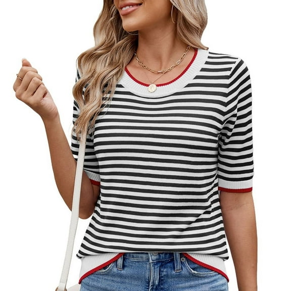 Womens Summer Short Sleeve Shirts Striped Sweater Cute Casual Trendy Crewneck Knit Blouses White &