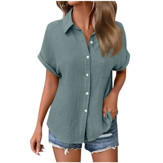 Womens Summer Short Sleeve Shirts V Neck Collared Button Down Shirt Tops Casual Loose Blouse with Pocket