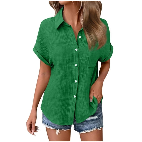 Womens Summer Short Sleeve Shirts V Neck Collared Button Down Shirt Tops Casual Loose Blouse with Pocket