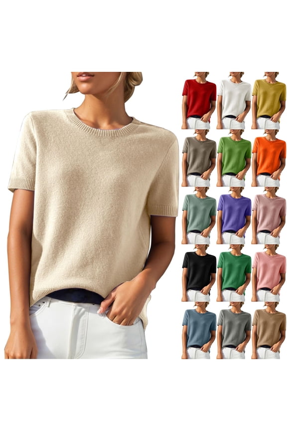Womens Summer Short Sleeve Sweater Dressy Casual Crew Neck Knit Tops Fashion Pullover Shirts Green XL
