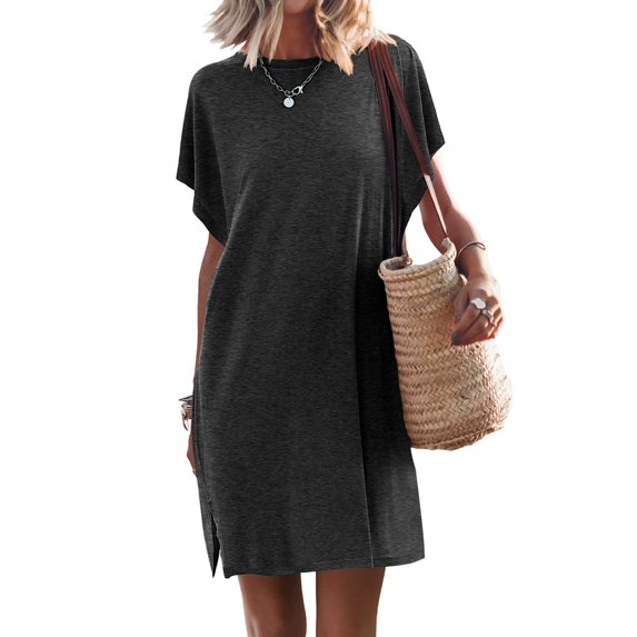 Womens Summer Short Sleeve T Shirt Dress Casual Slit Beach Mini Dress Tunic Top Dress Peephole Dresses for Women Chambray Dress Cute Womens Dresses for Summer Ladies T Shirt Dresses Long Sleeve Tunic