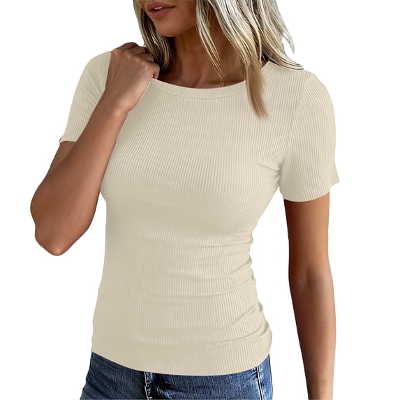Womens Summer Short Sleeve T-Shirt Ribbed Knit Crew Neck Slim Fitted Basic Casual Top Beige 2XL