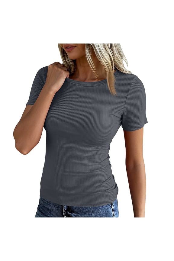 Womens Summer Short Sleeve T-Shirt Ribbed Knit Crew Neck Slim Fitted Basic Casual Top Dark Gray M