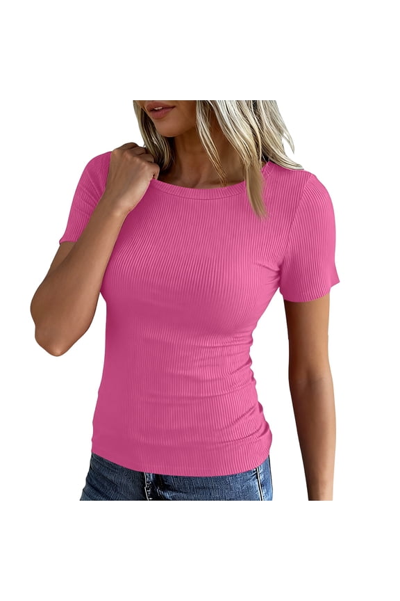 Womens Summer Short Sleeve T-Shirt Ribbed Knit Crew Neck Slim Fitted Basic Casual Top Hot Pink S