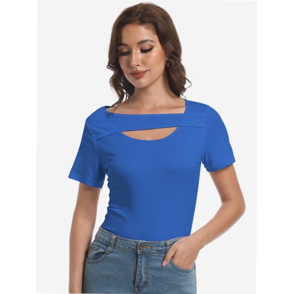 Womens Summer Short Sleeve T Shirts Knit Slim Fit One Piece Cutout Scoop Neck Going Out Date Night Tops