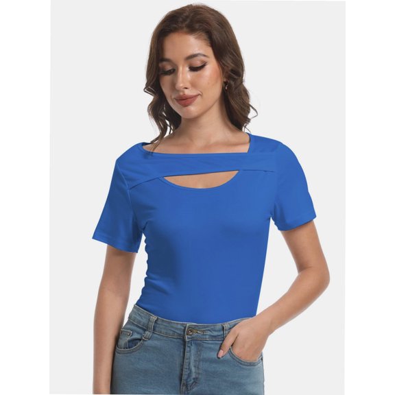 Womens Summer Short Sleeve T Shirts Knit Slim Fit One Piece Cutout Scoop Neck Going Out Date Night Tops