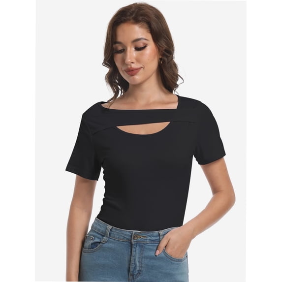 Womens Summer Short Sleeve T Shirts Knit Slim Fit One Piece Cutout Scoop Neck Going Out Date Night Tops