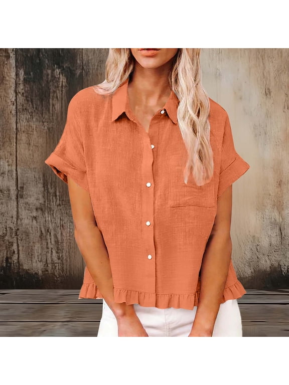 Womens Summer Short Sleeve T Shirts New Women's Fashion Spring Summer Clothing Fabric Solid Color Front Pocket Hem Fringe Short Sleeve Flared Collar Tops Style B-7 Orange XL