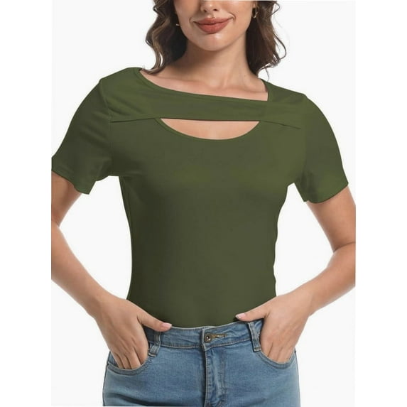 Womens Summer Short Sleeve T Shirts Slim Fit One Piece Cutout Scoop Neck Going Out Date Night Tops