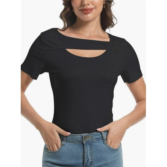 Womens Summer Short Sleeve T Shirts Slim Fit One Piece Cutout Scoop Neck Going Out Date Night Tops