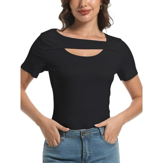 Womens Summer Short Sleeve T Shirts Slim Fit One Piece Cutout Scoop Neck Going Out Date Night Tops