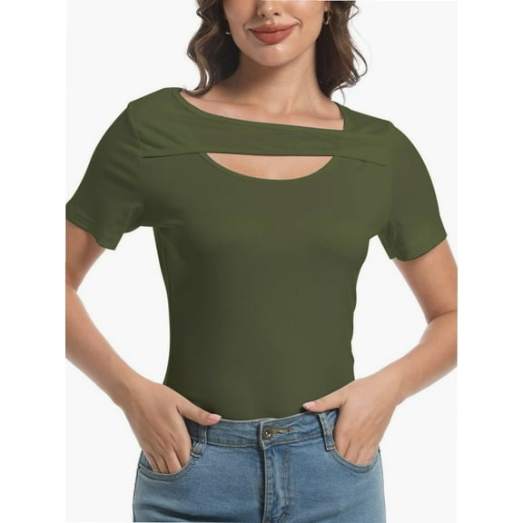 Womens Summer Short Sleeve T Shirts Slim Fit One Piece Cutout Scoop Neck Going Out Date Night Tops