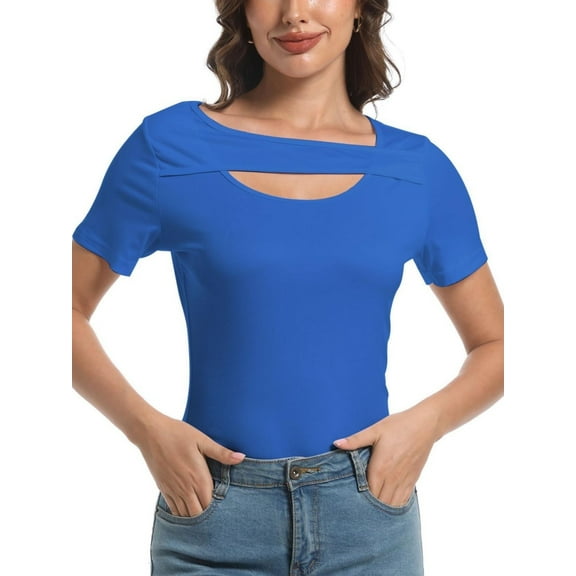Womens Summer Short Sleeve T Shirts Slim Fit One Piece Cutout Scoop Neck Going Out Date Night Tops